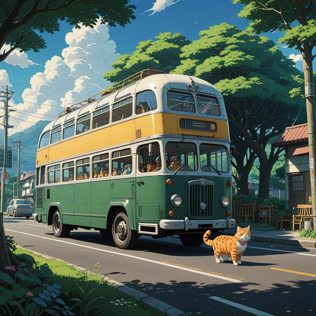 Whimsical Cat Bus in Vibrant Studio Ghibli Style