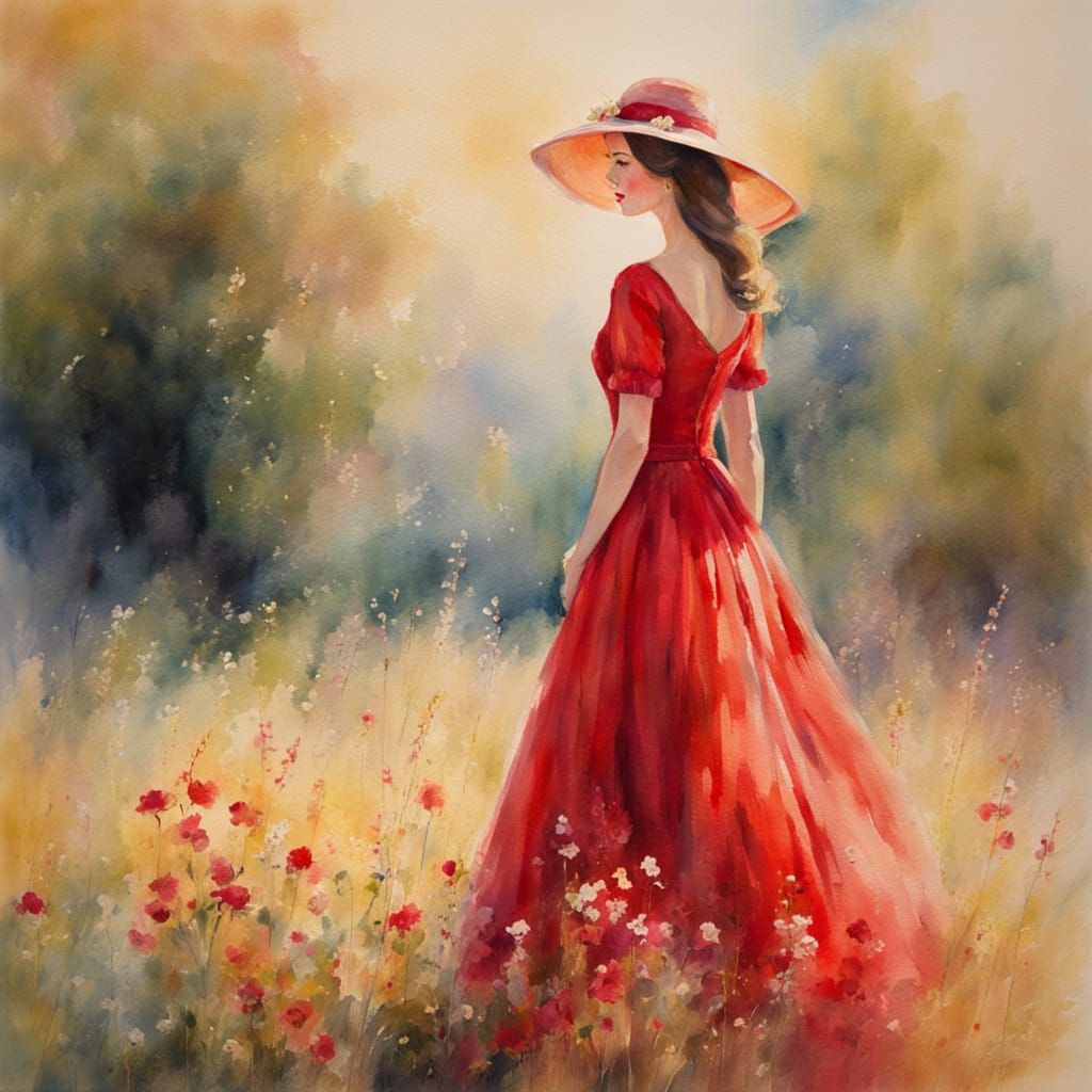 Lady in Red Dress and Hat: Watercolour Painting