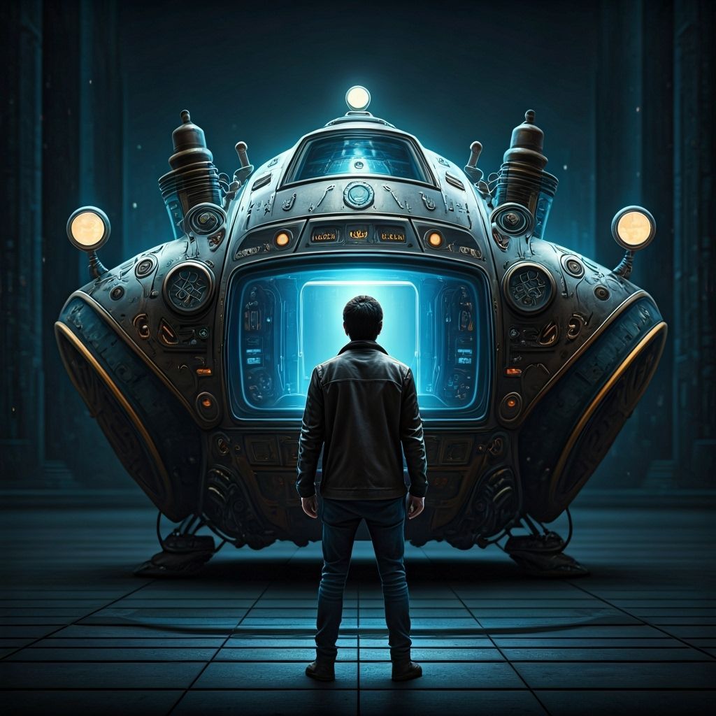 Cyberpunk Time Traveler in Dystopian Cityscape