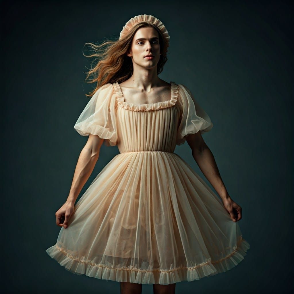 Elegant Young Man in Whimsical Gown, Radiant with Joy