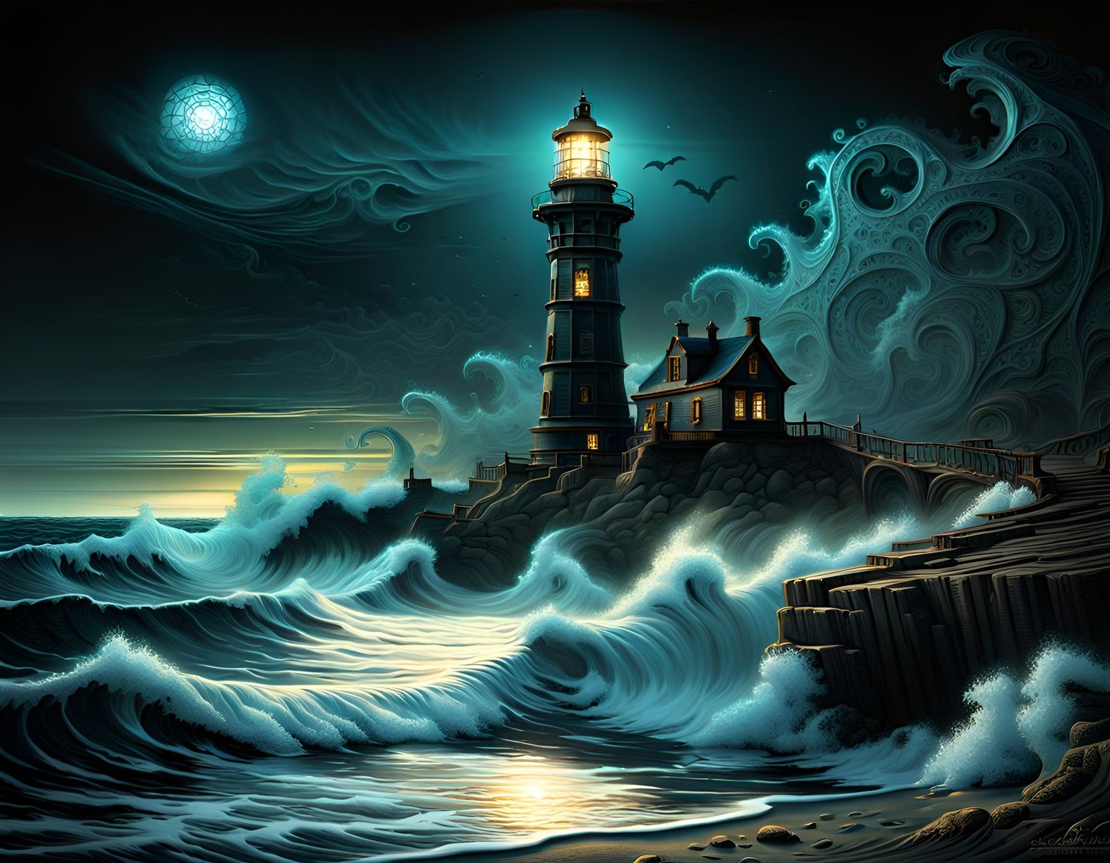 Glowing Lighthouse: Modern Spooky Fantasy Seascape