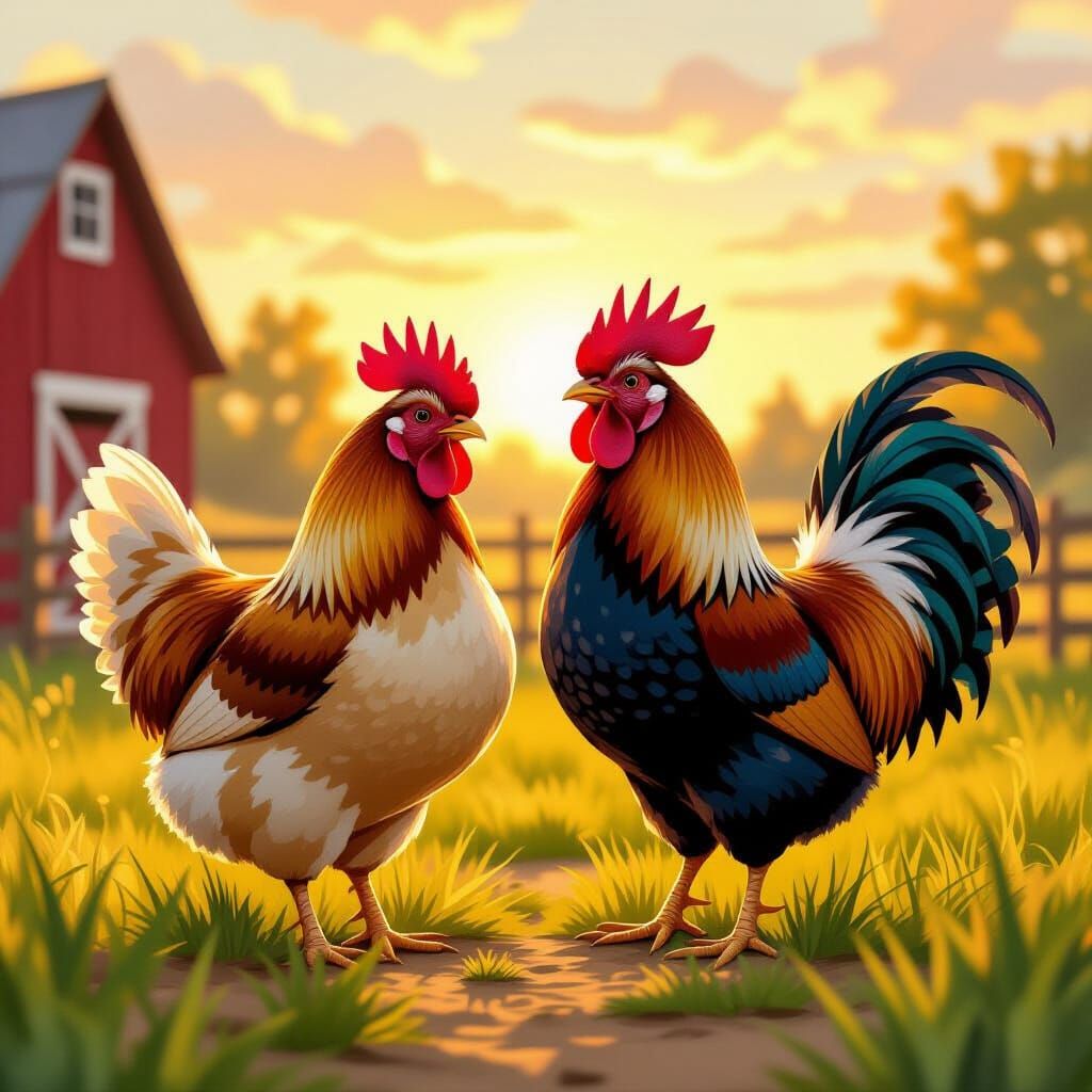 Contented Hen and Proud Rooster in Farmyard