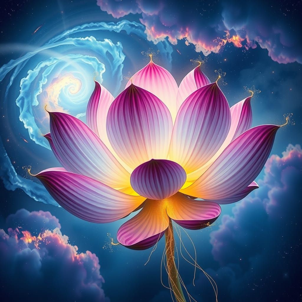 Bioluminescent Lotus Flower Drifting Through Cosmos