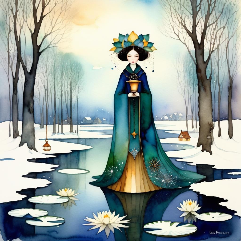 Winter Waterlilies in Watercolor Woodcraft Style