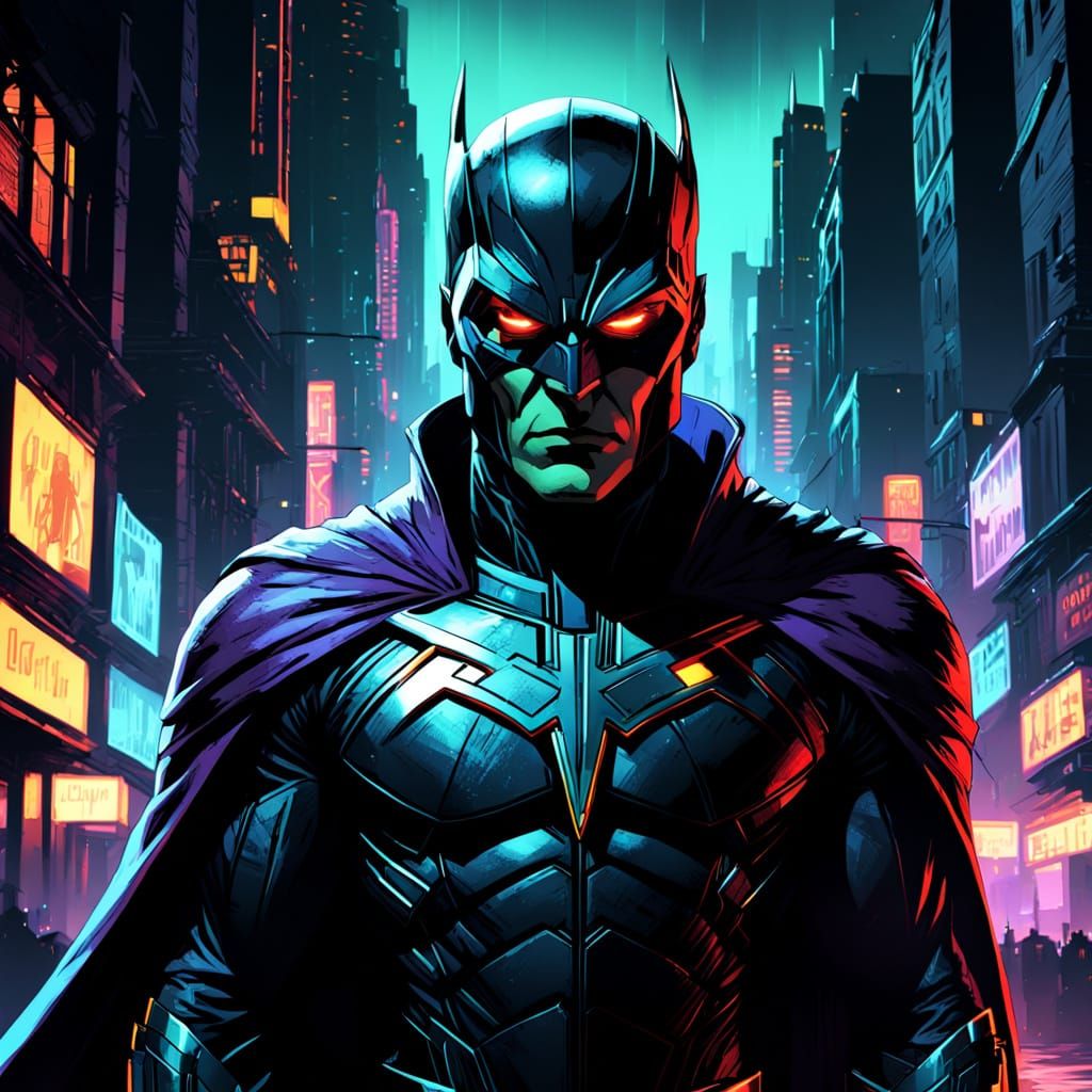 Ominous Supervillain in Dark Neon Cityscape