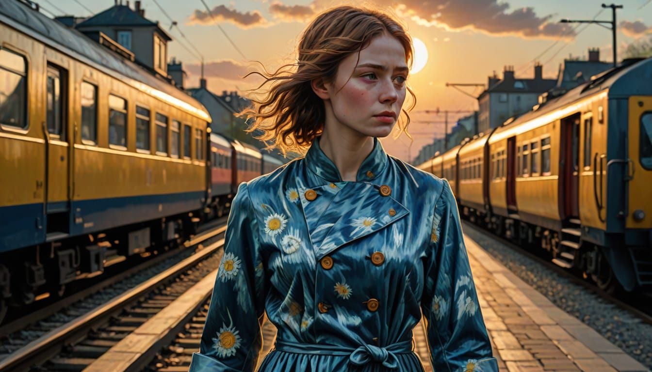 Young Woman on Train Platform in Post-Impressionist Style