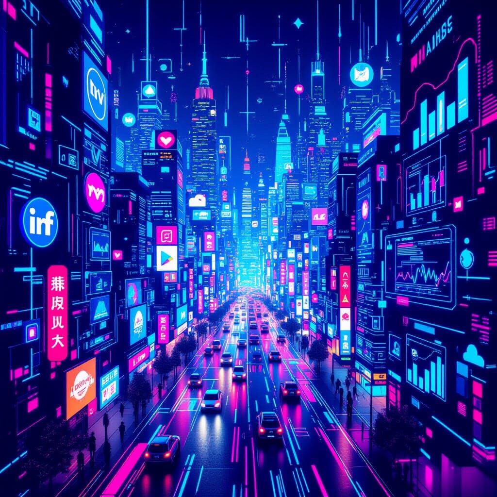 Futuristic Digital Cityscape with Neon Lights