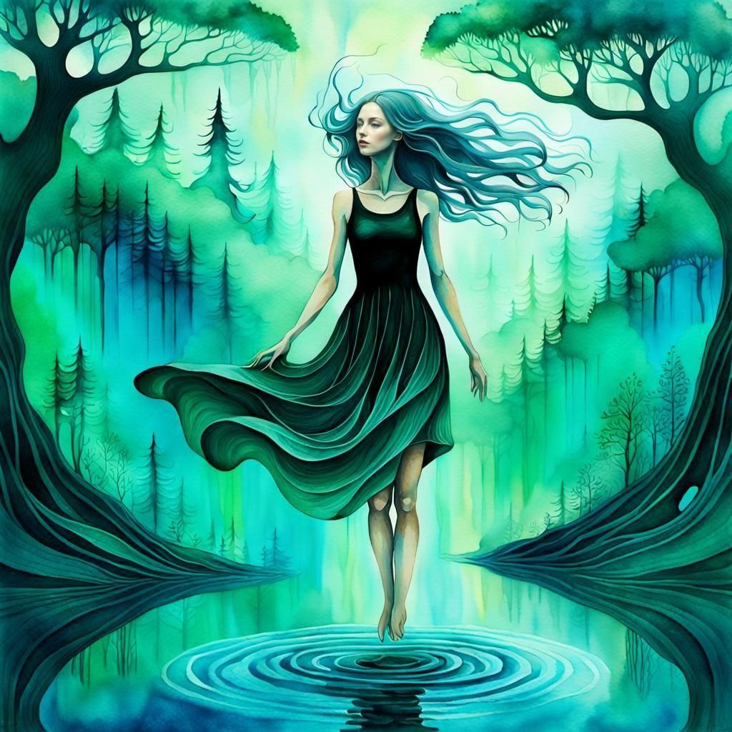 Liquid Woman in Black Dress: Surreal Digital Art