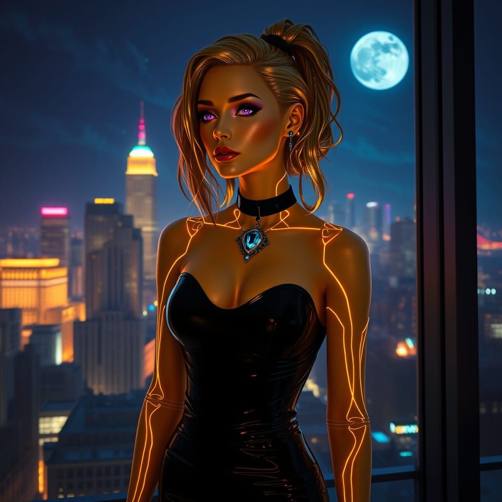 A golden latex-skinned with glowing opalescent circuitry vei...