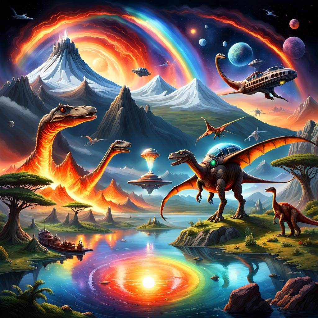 Steampunk Spaceship Over Primeval Landscape