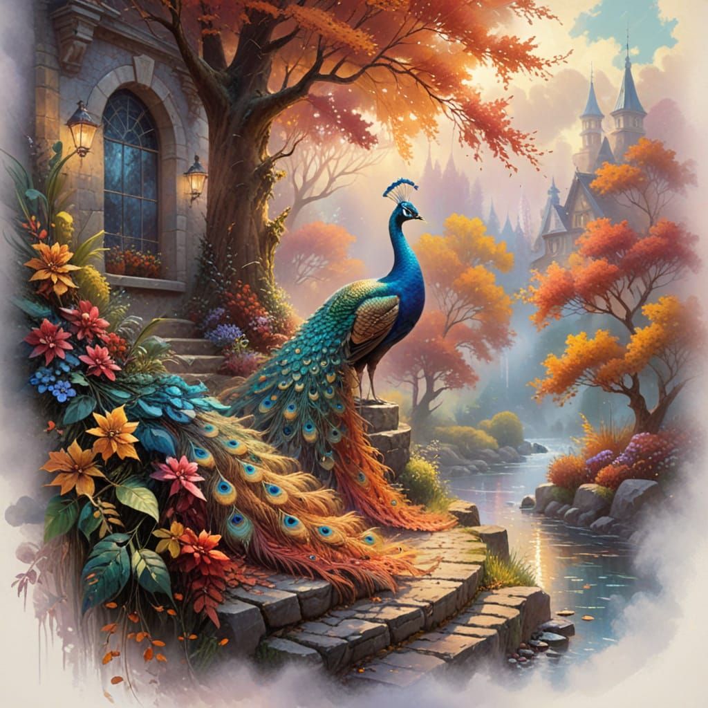 Peacock in Autumn Garden: Impressionist Gouache Painting