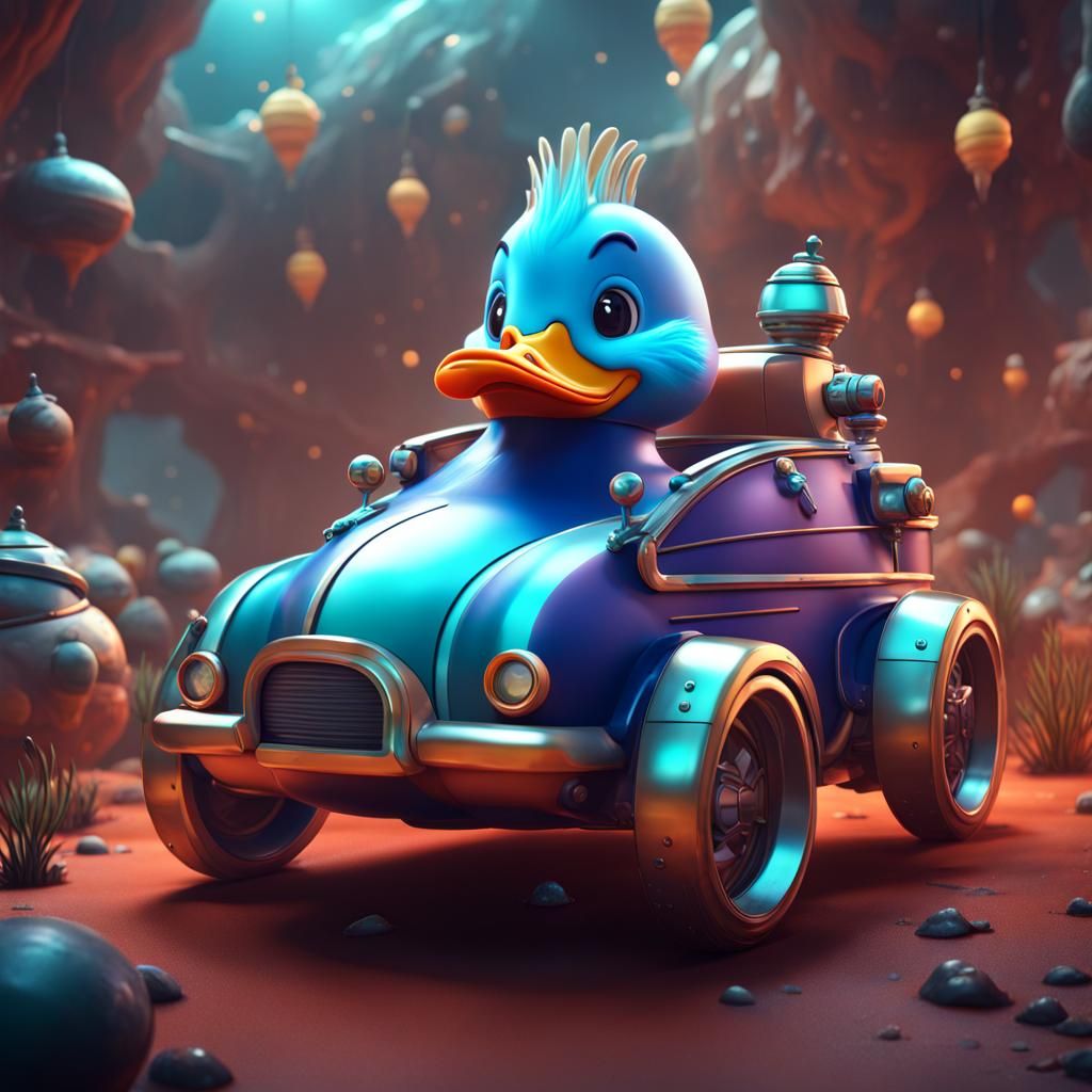 Cute Duck Toy Car in Space, Detailed Matte Painting