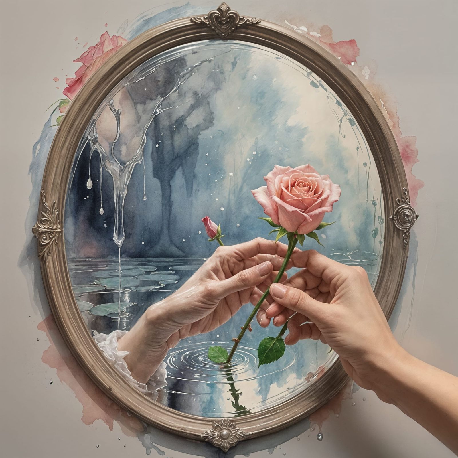 Mystical Mirror Reveals Hand Holding Rose