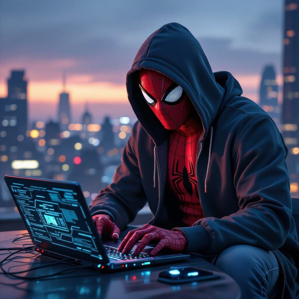 Spiderman Hacks on Laptop in Futuristic Cityscape