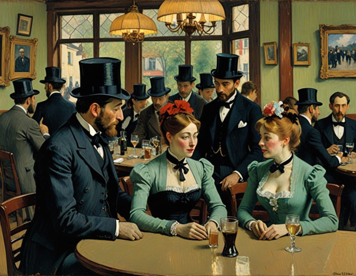Vibrant Victorian Pub Scene in Toulouse-Lautrec Style