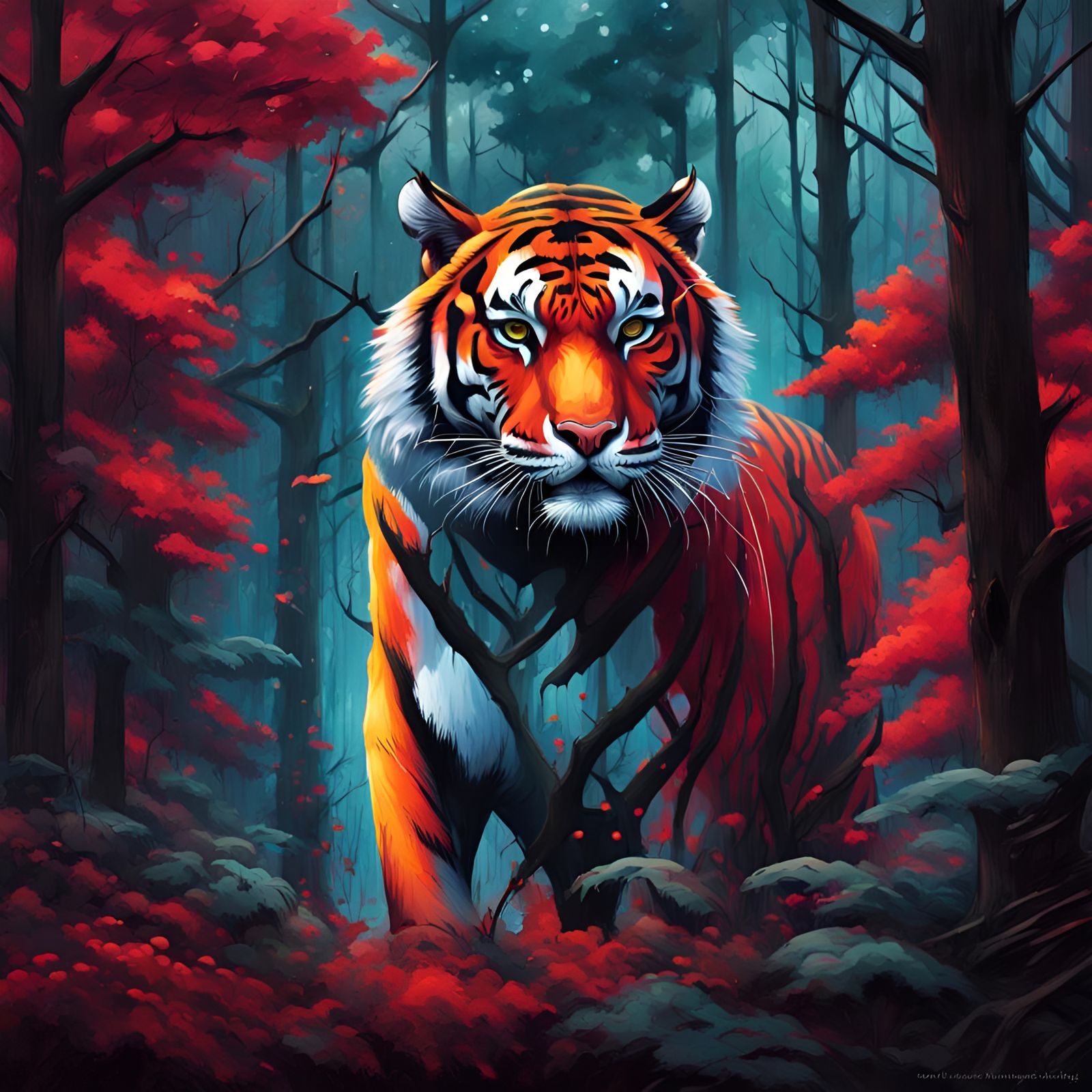 Mysterious Red and Black Tiger in Forest Graffiti Art