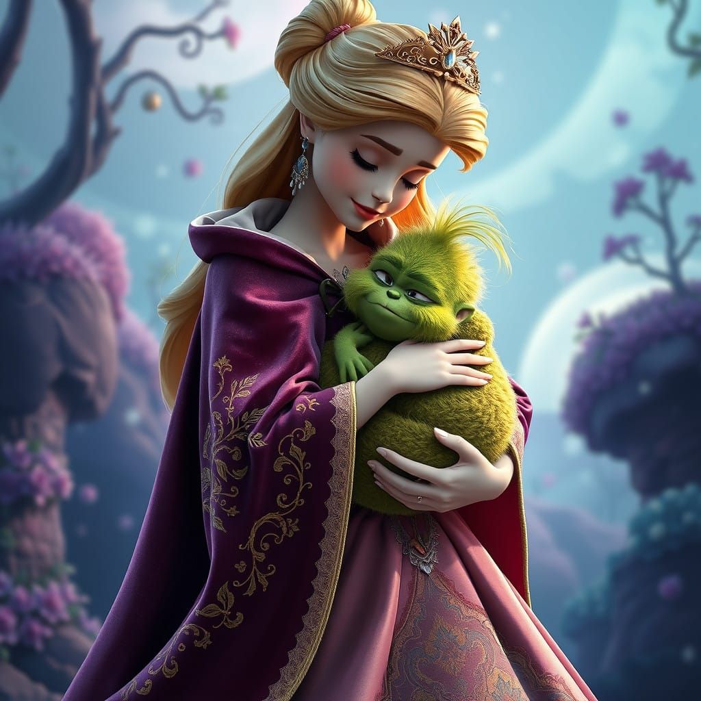 Whimsical Princess Aurora Cuddles Chubby Baby Grinch in Ench...