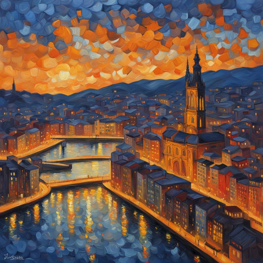 Bilbao Skyline at Dusk Neo-Impressionist Oil Painting