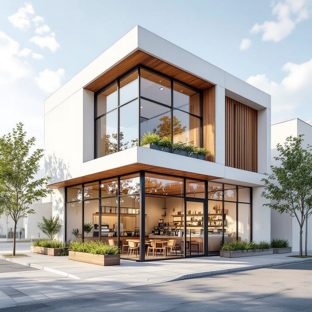 Modern Minimalist Coffee Shop with Wood Accents