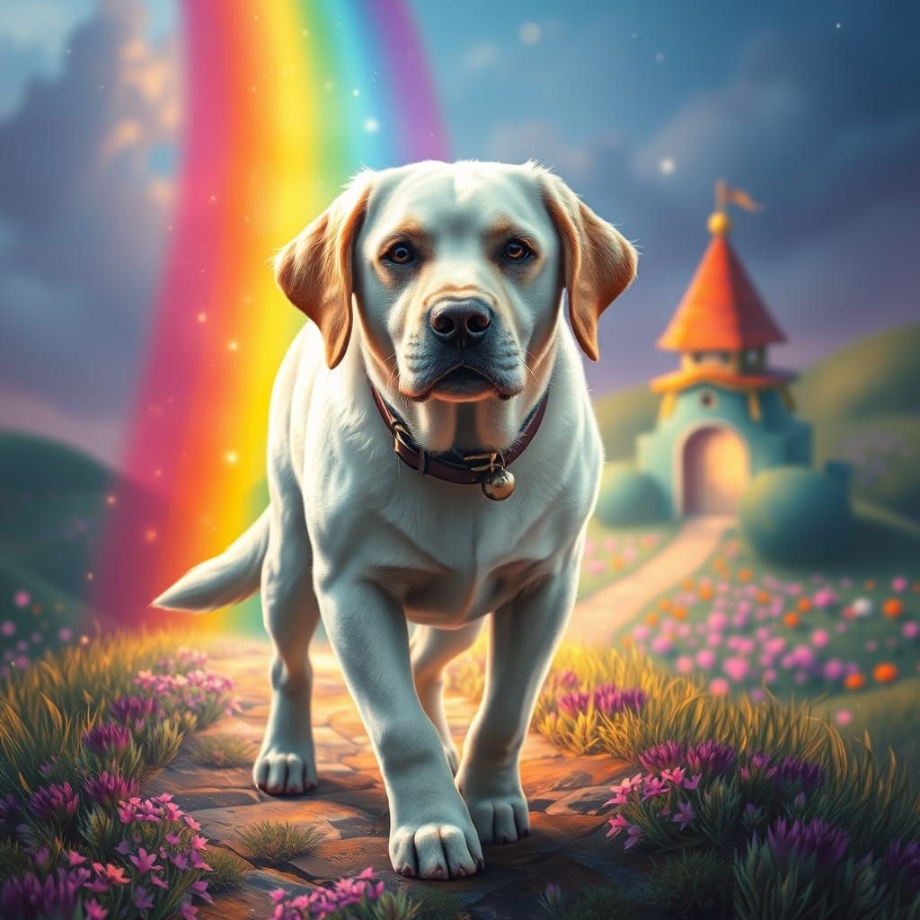 Labrador Walks Along a Vibrant Rainbow