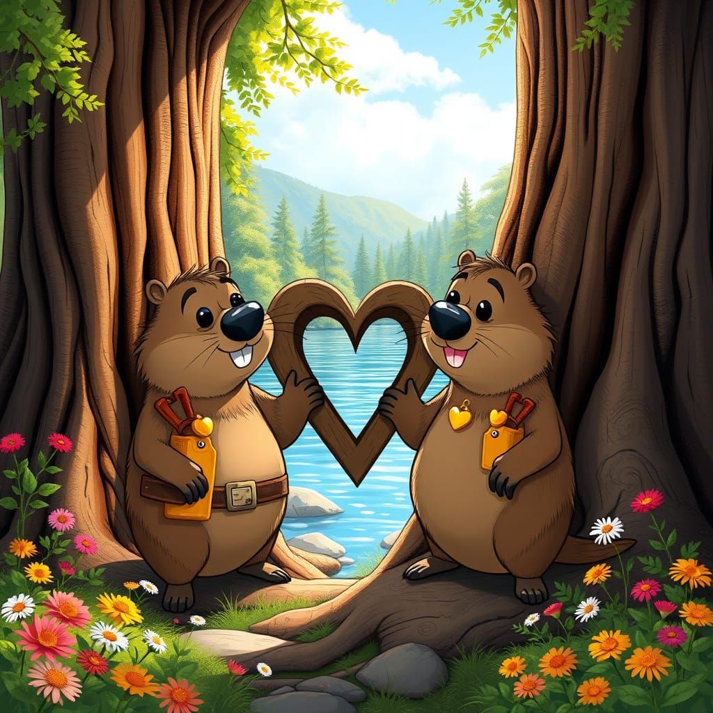 Two Beavers Carve a Heart in a Majestic Tree
