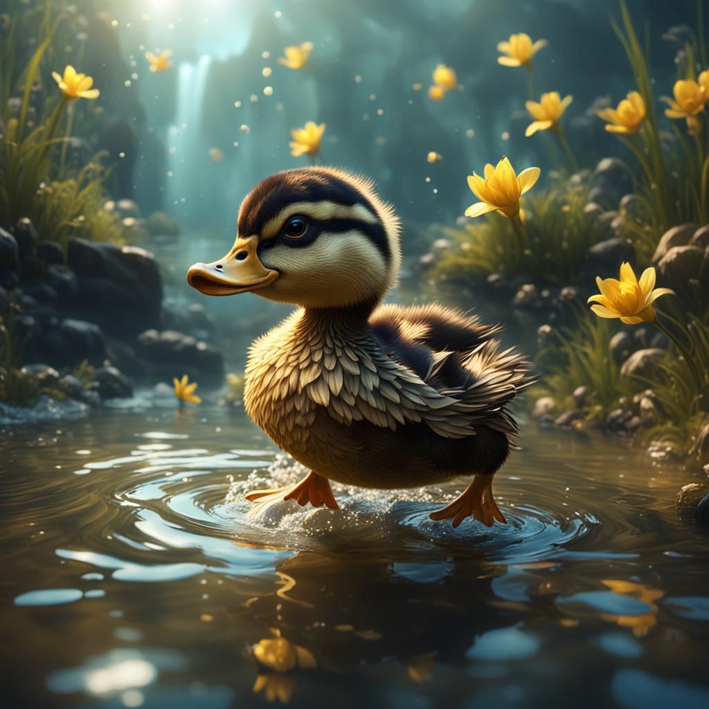 Cute Duckling in River: Detailed Digital Painting