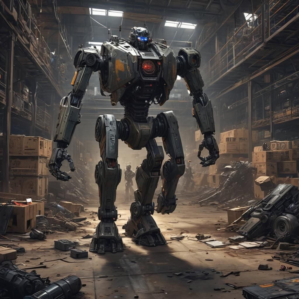 Robot Battle Royale: Comic Book Style Warehouse Showdown
