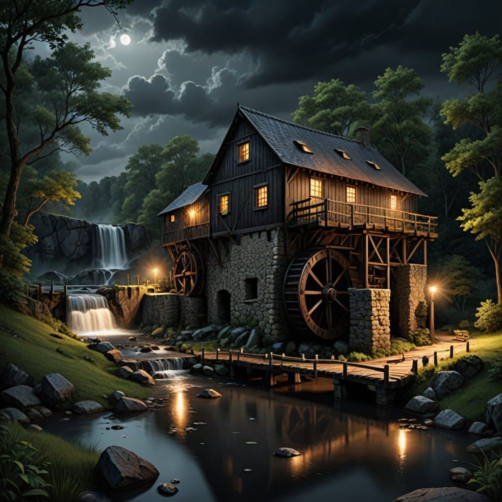 Ancient Watermill at Night in a Dark Forest