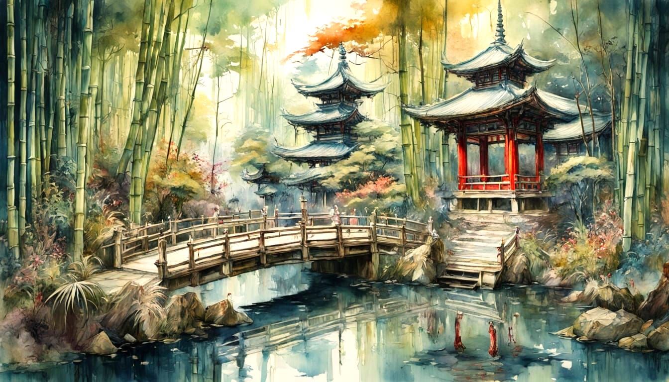 Hyperrealistic Japanese Garden in Surrealist Watercolor Styl...