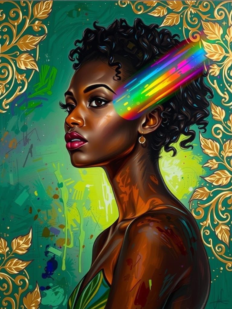 Vibrant Painting of Black Woman with Rainbow Light