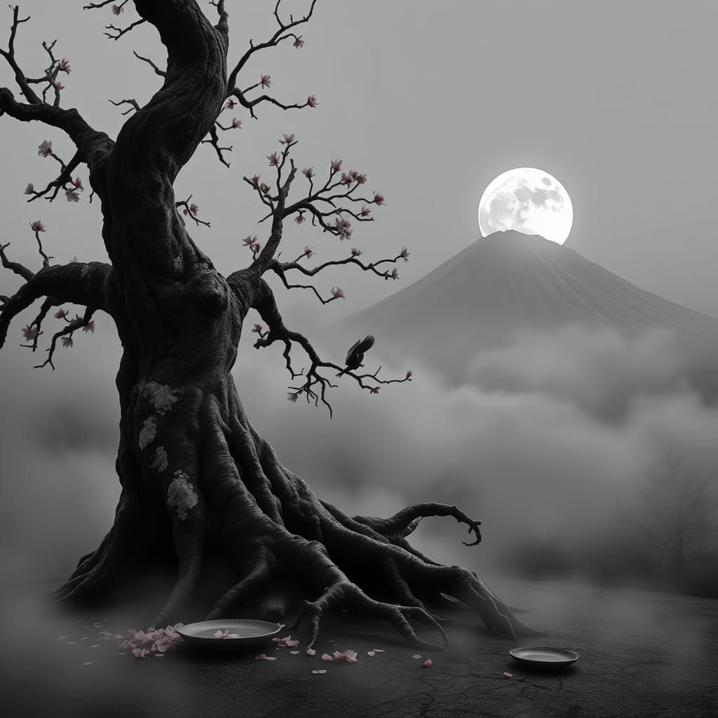 Gnarled Sakura Tree in Monochrome Charcoal