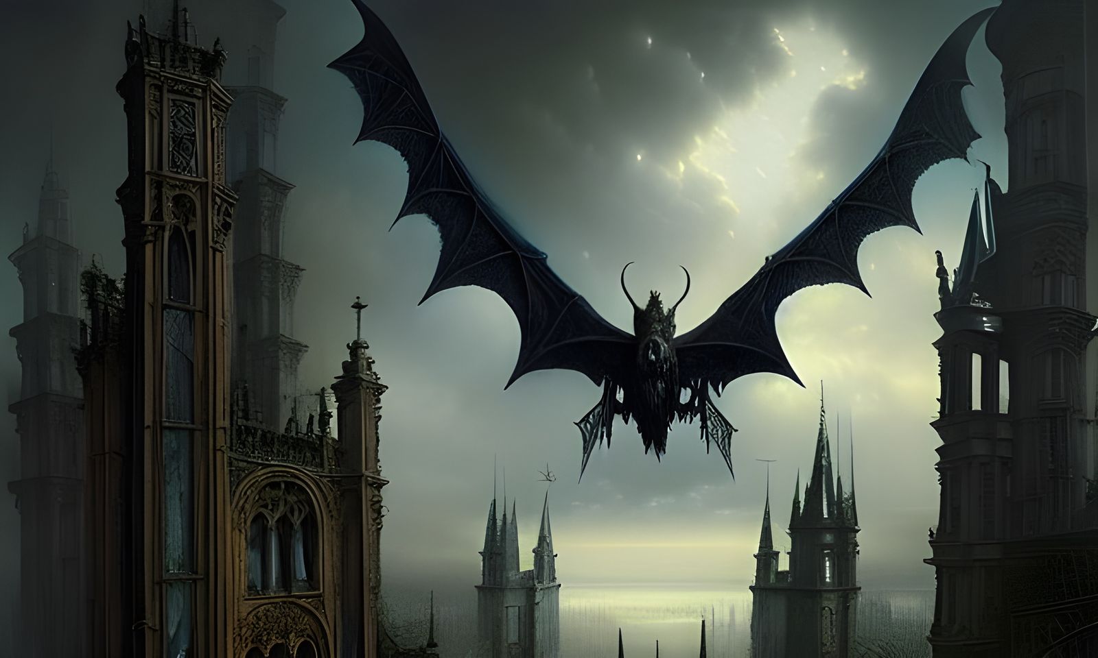 Vampress Surrounded by Bats in Hyperrealistic Gothic Art
