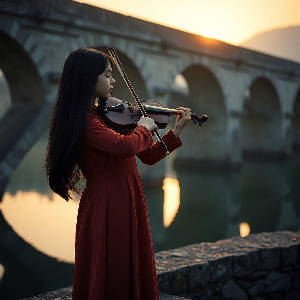 Girl Plays Violin at Sunrise on Stone Bridge