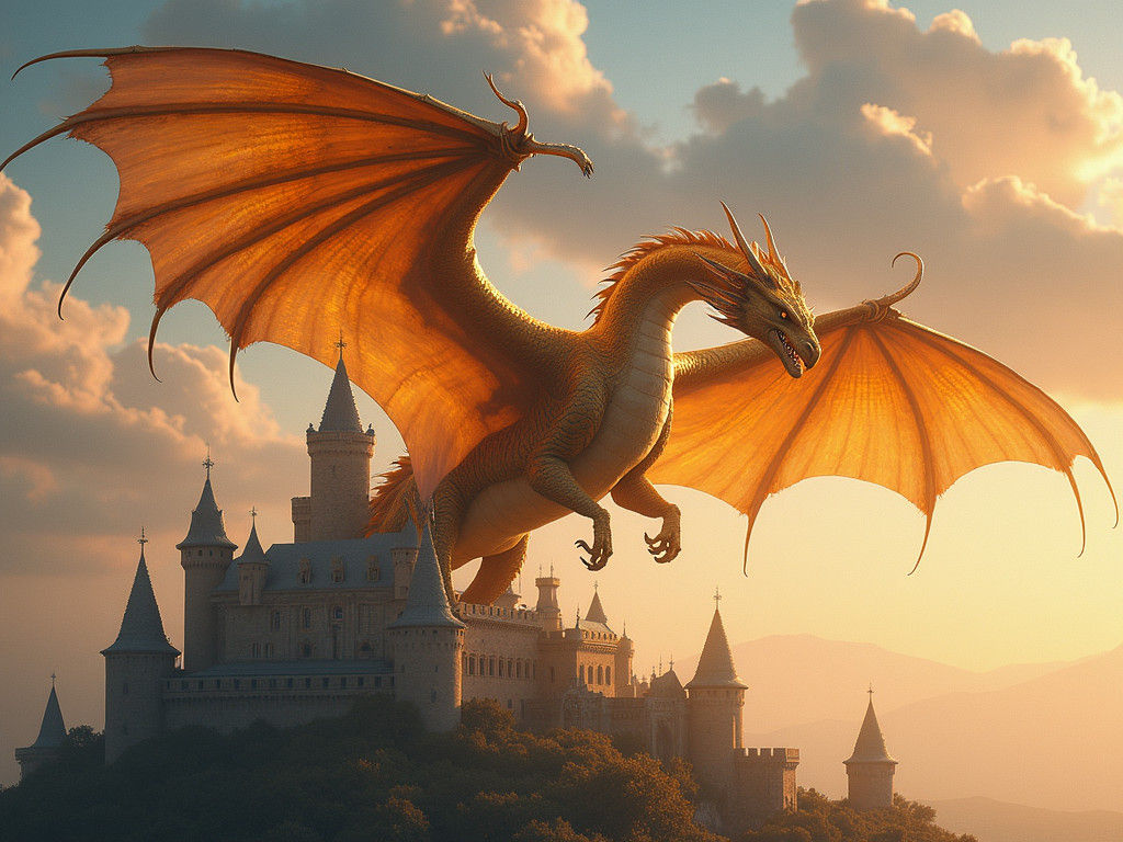 Golden Dragon Flight Over Medieval Castle at Dusk