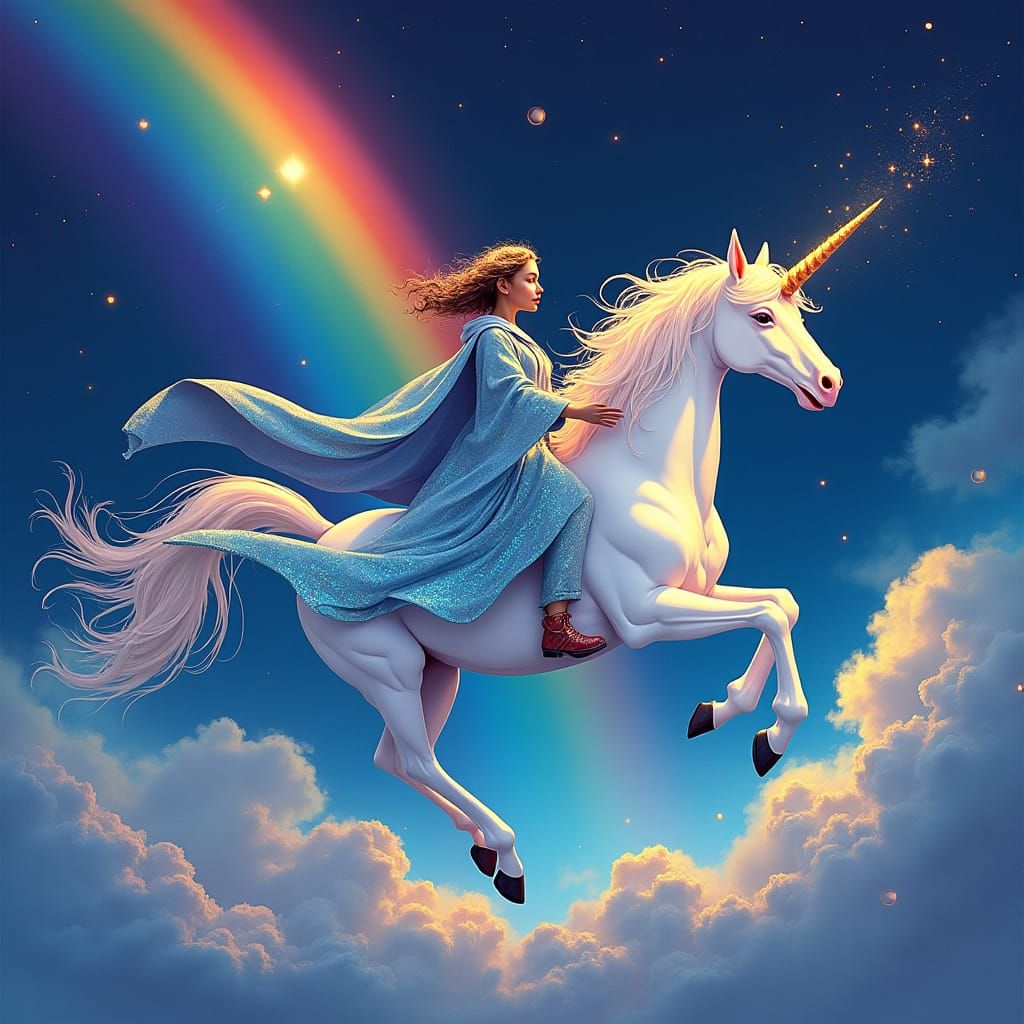 Majestic Unicorn Rider Soaring Through Rainbow Night Sky