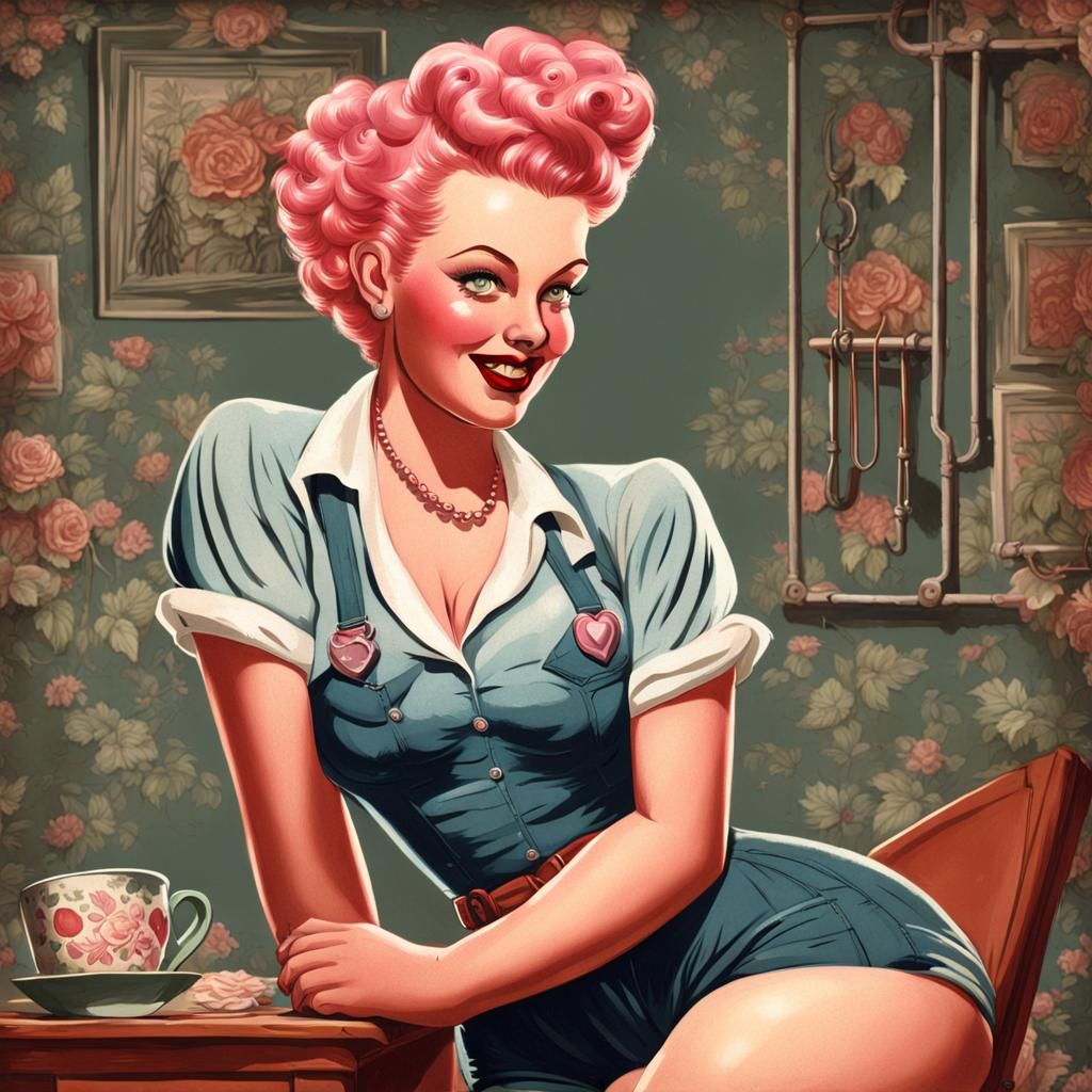 Voluptuous Pinup Girl with Pink Hair, Detailed Digital Art