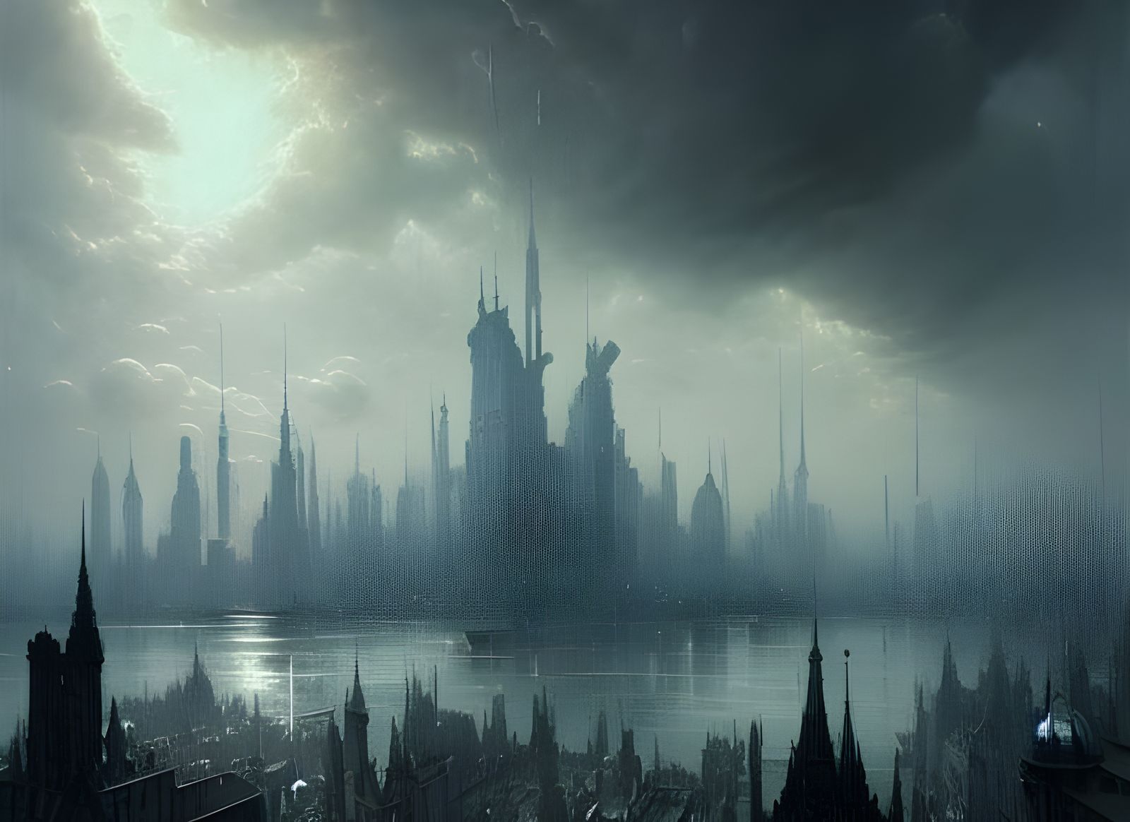 Futuristic City Floating on Clouds in Gothic Style