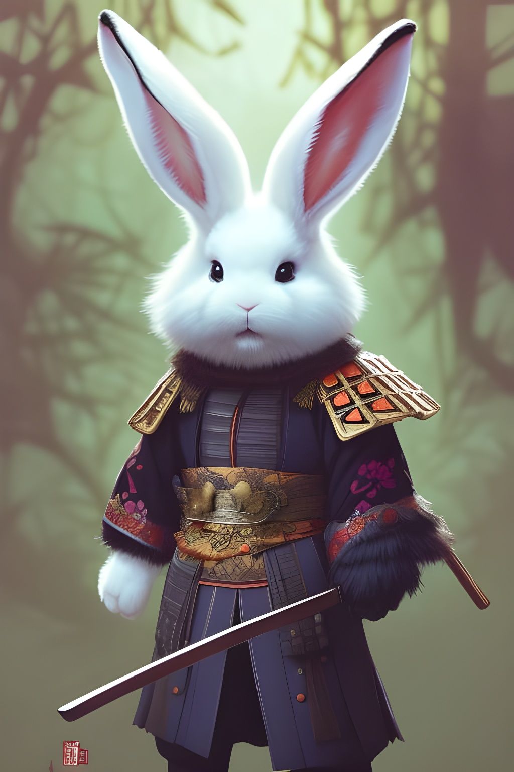 Cute Samurai Rabbit Portrait: Digital Art Illustration