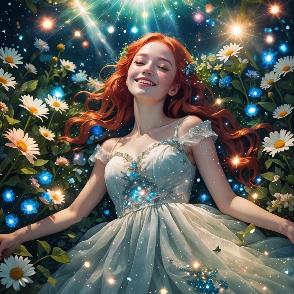 Woman in Sparkling Dress in Dream Garden