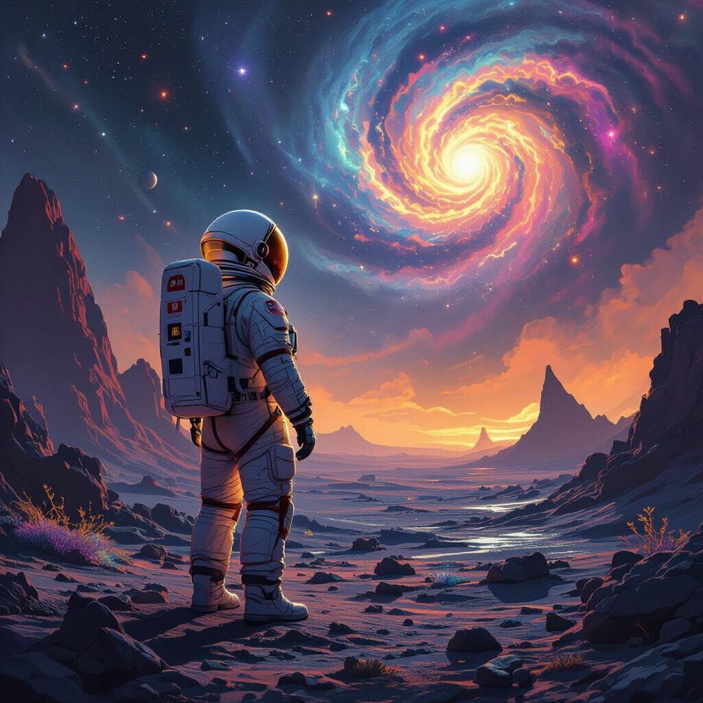 Astronaut Gazes at Alien Nebula in Retro Sci-Fi Style