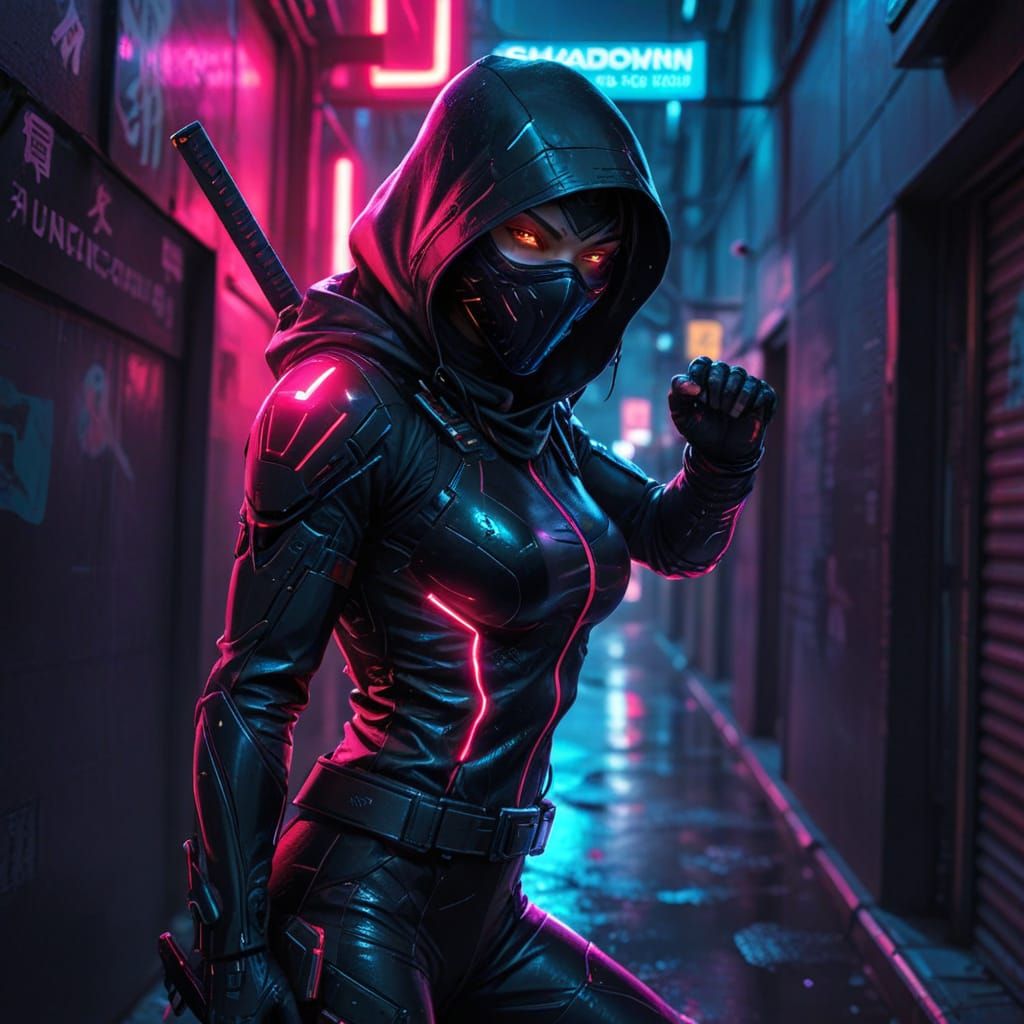 Cyberpunk Tech Ninja in Neon Lit Alleyway