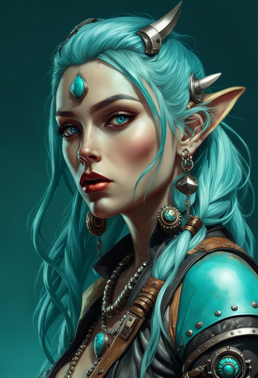 Cyan Goblin Tracker Portrait in Maximalist Style