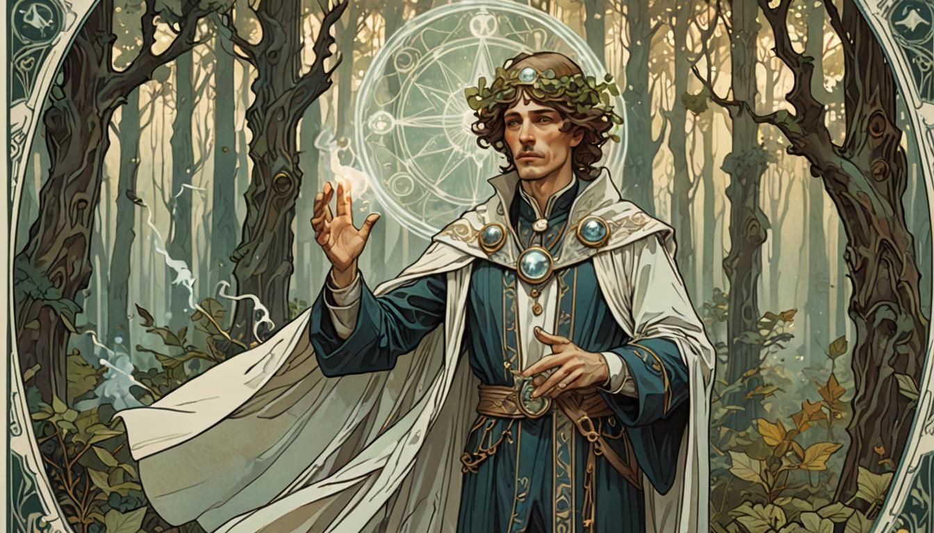 Futuristic Magician Tarot Card in Art Nouveau Style