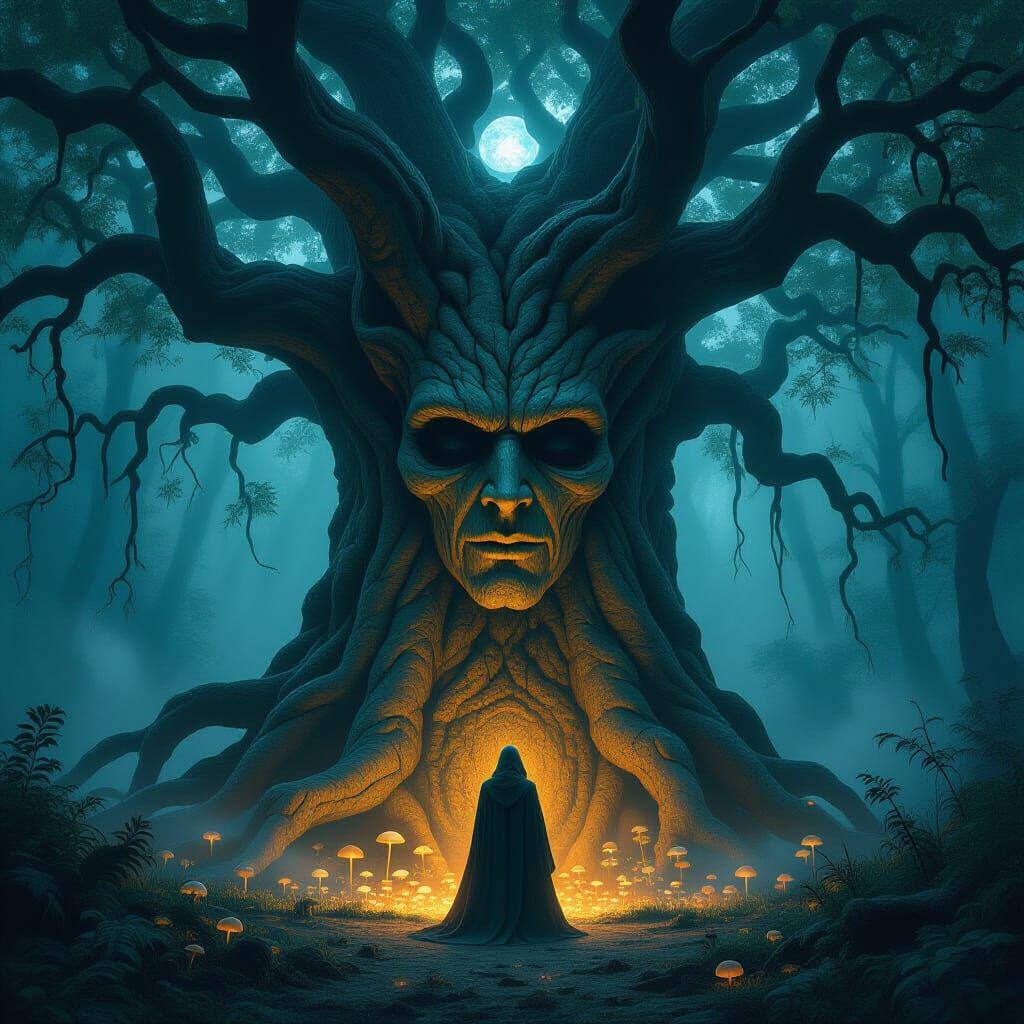 Mystical Ancient Tree with Hooded Figure in Dark Fantasy