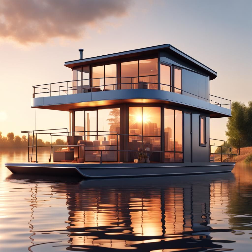 Avant-Garde Houseboat with Solar Panels in Soft Sunlight
