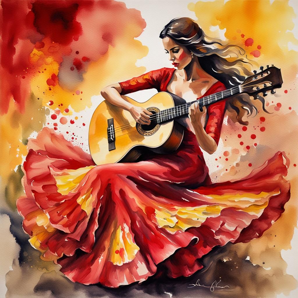 Dramatic Watercolor of Spanish Flamenco Dancer