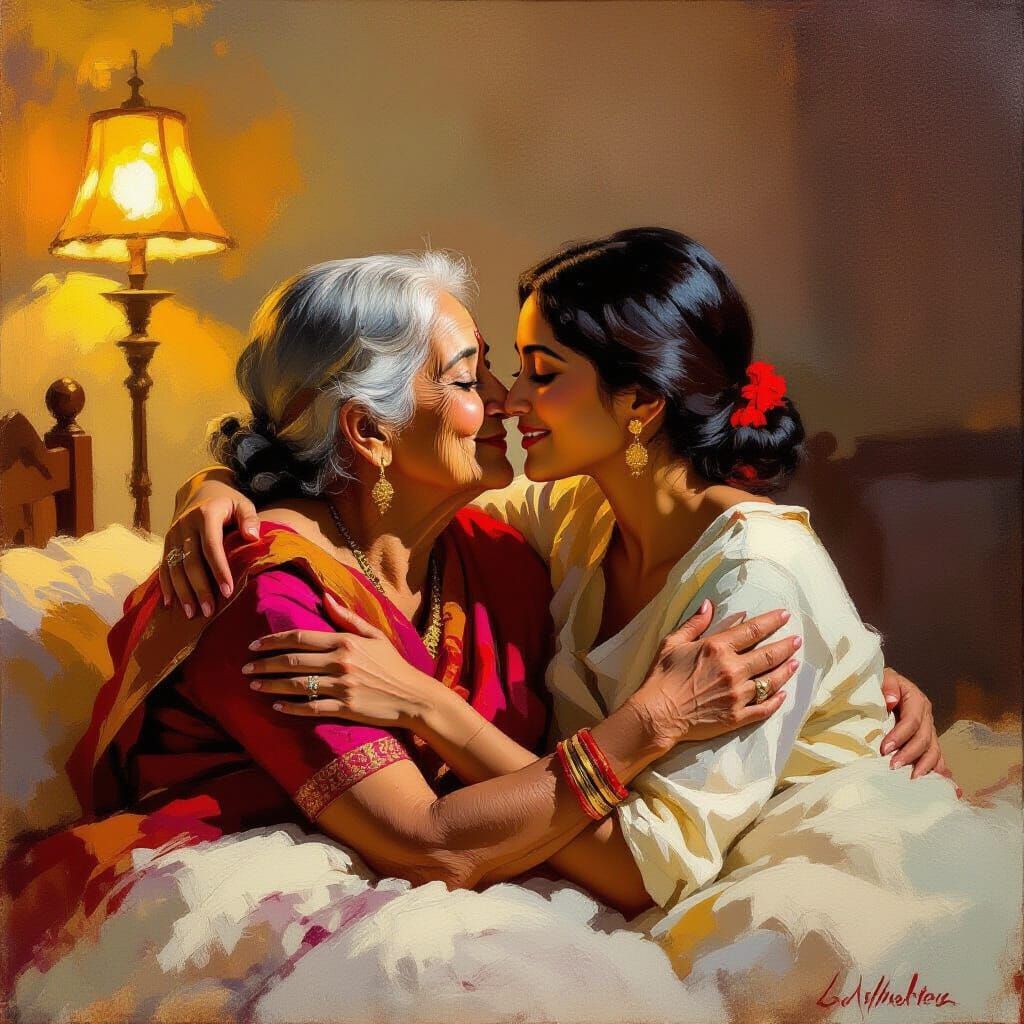 Intimate Embrace: Two Indian Women Kissing in Lamplight