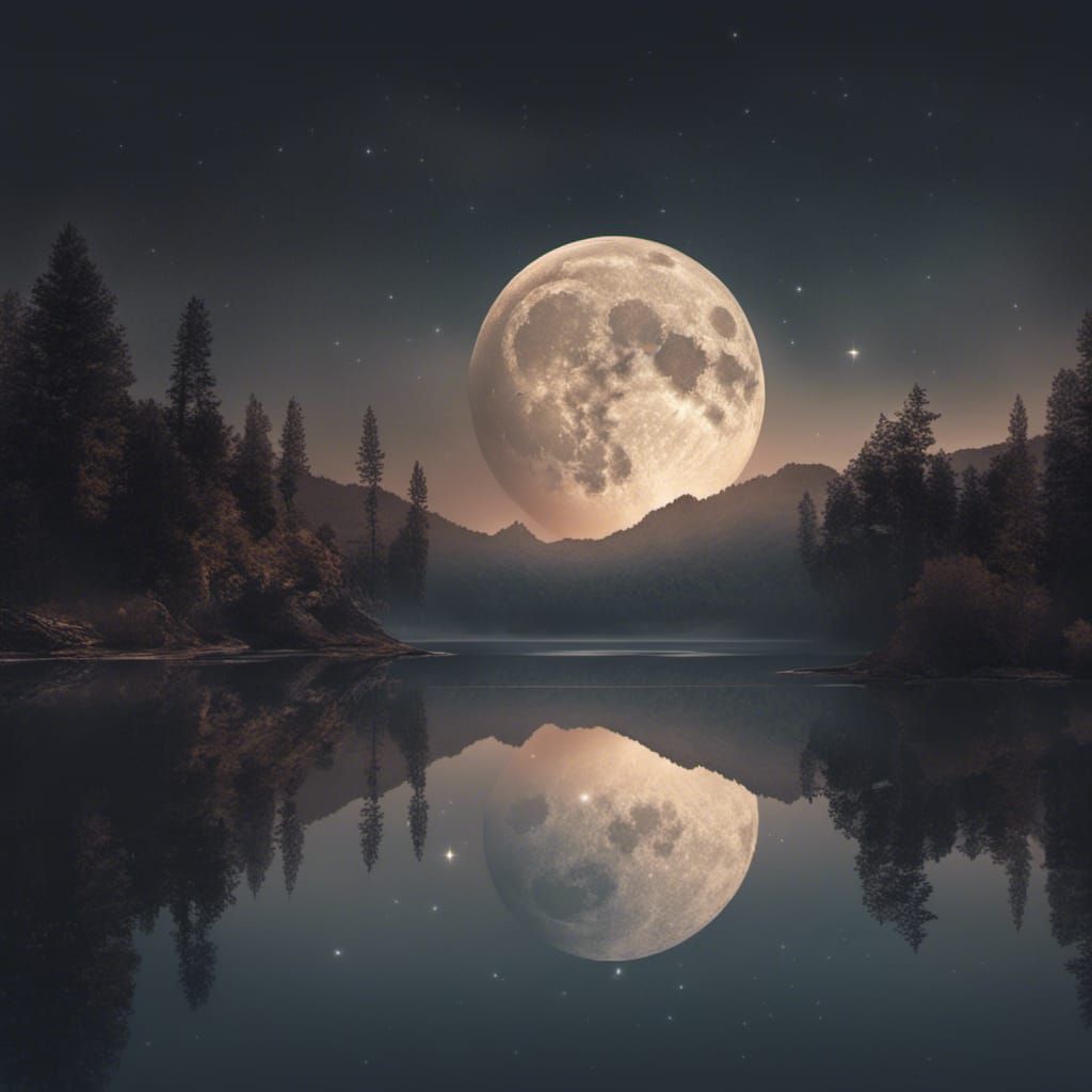 Haloed Moon Reflection in Serene Lake, Digital Art