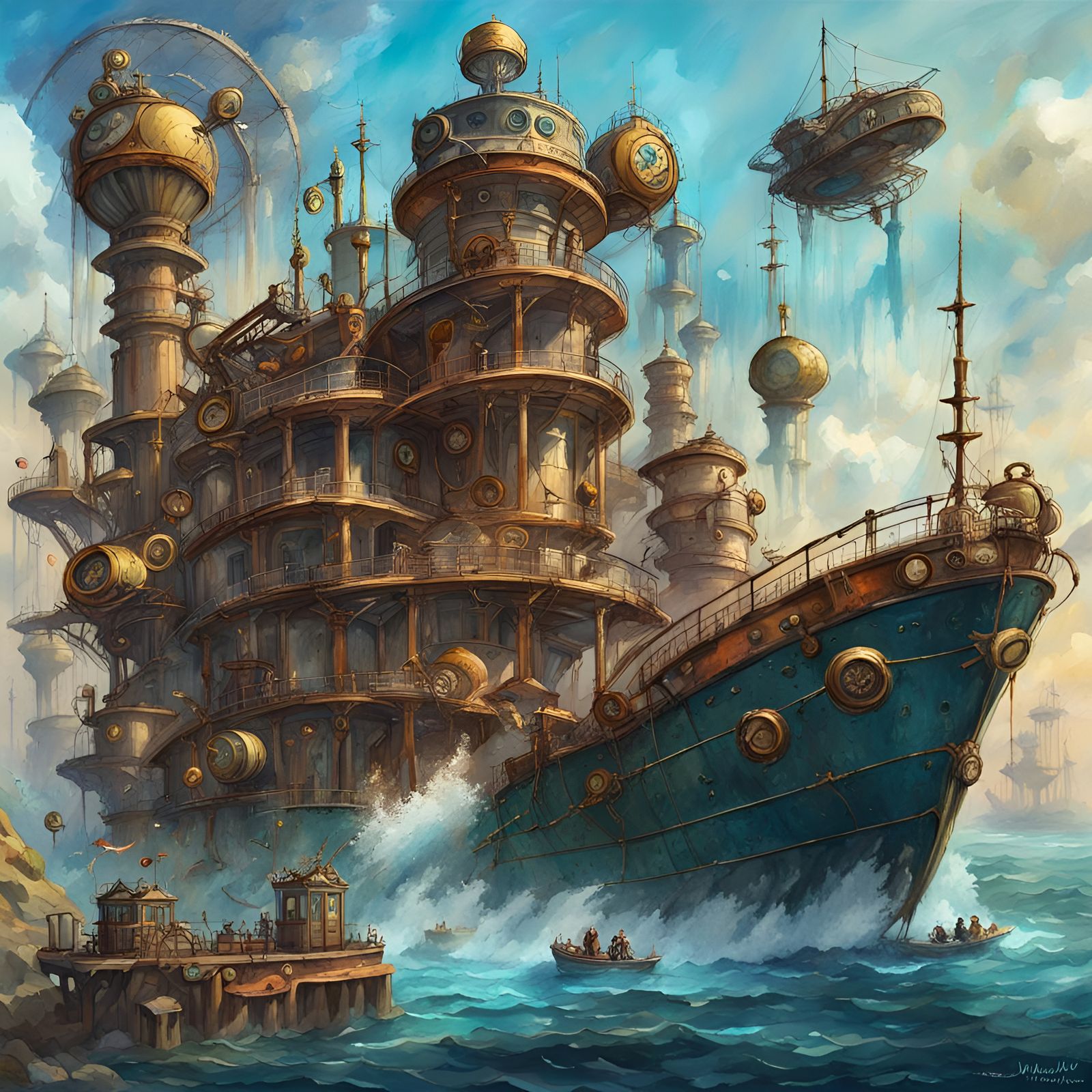 Steampunk Sea World: Gouache Impressionist Masterpiece