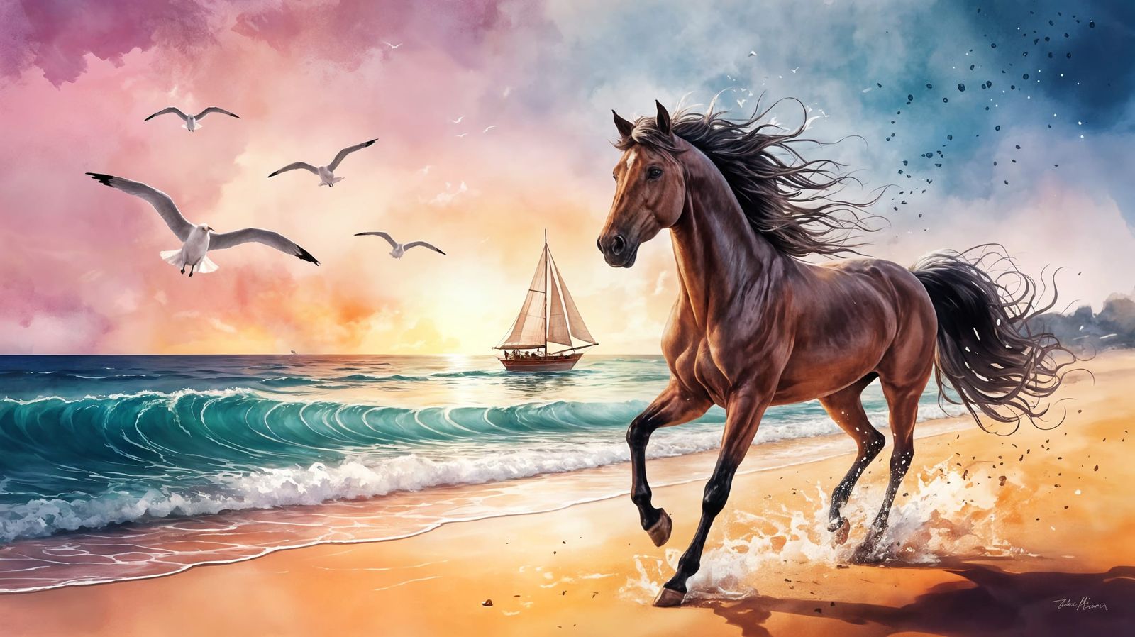 Majestic Horse Gallops Along Sunset Beach